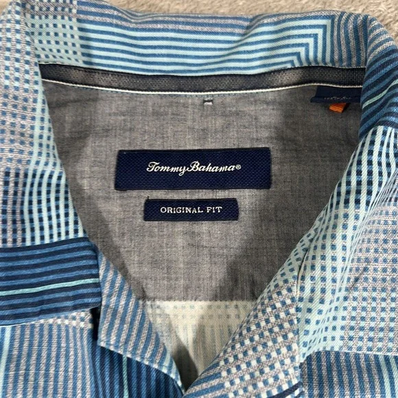 Tommy Bahama Shirt Mens Large Blue 100% Silk Geometric Button Up Original Fit - Picture 4 of 10